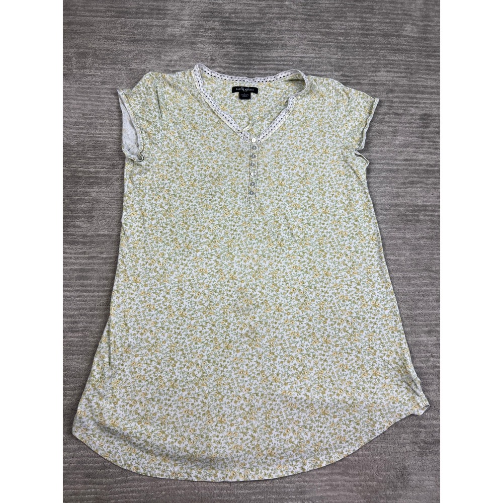 Earth Angels Sleep Shirt Womens L Yellow Floral V-Neck Lace Trim Henley Pajama